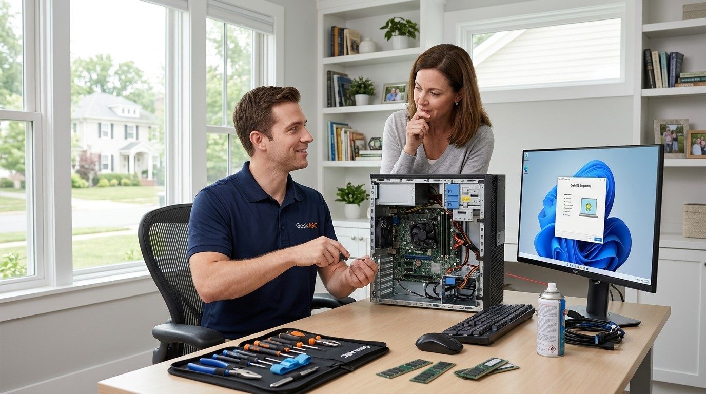 A GeekABC technician talking a customer through a software problem on a computer screen.