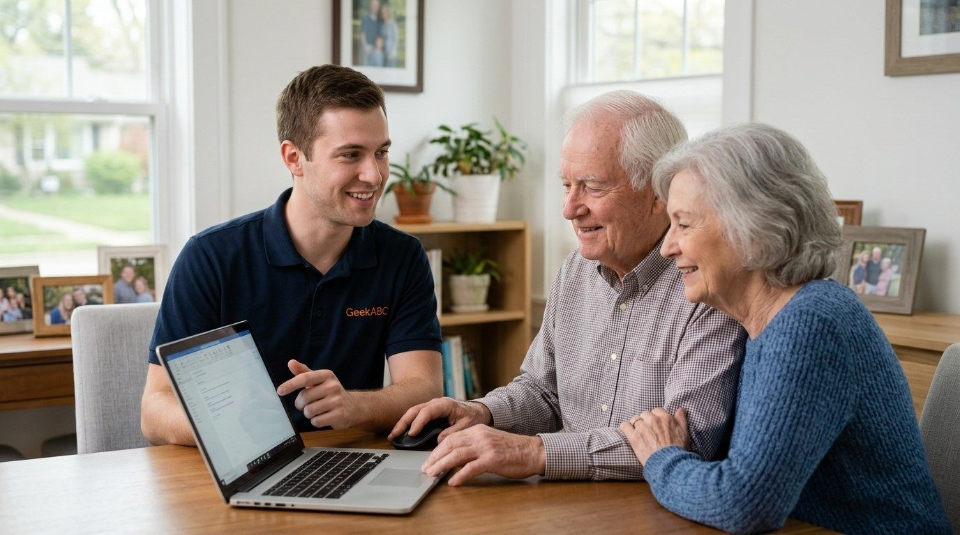 A GeekABC technician showing a laptop screen to a senior couple sitting together at home.