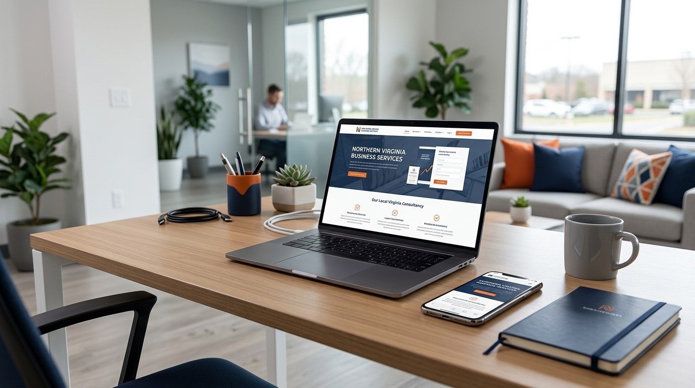 A laptop on a clean small-business desk displaying a professional website, with a smartphone beside it showing the responsive mobile version.